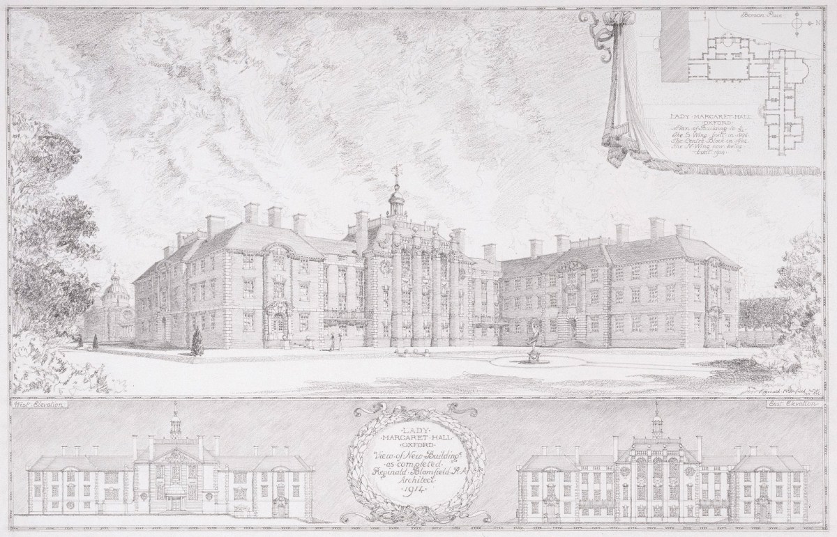 Sir Reginald Blomfield RA, Record drawing for Lady Margaret Hall, Oxford: ground plan, east and west elevations and perspective looking northwest