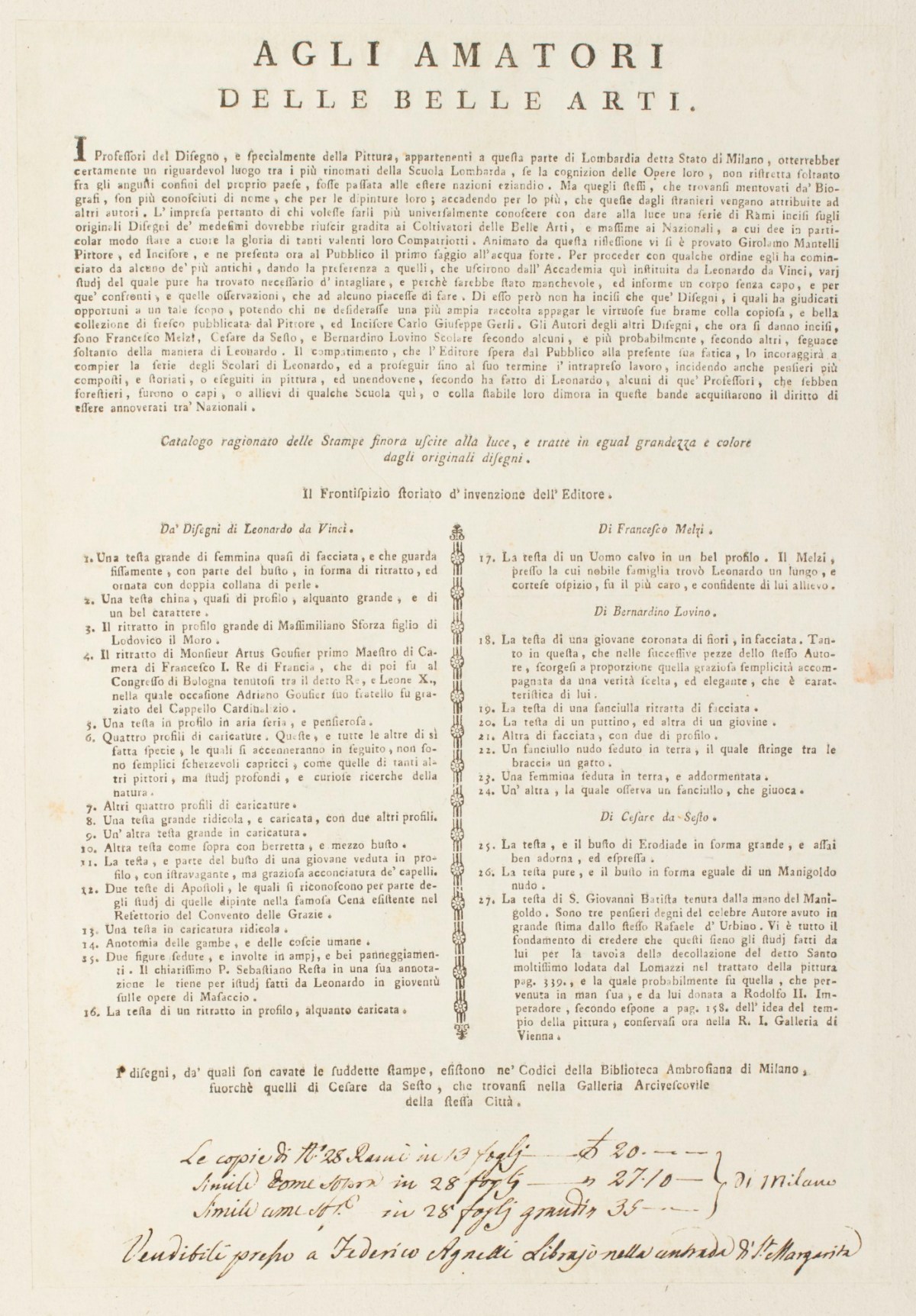 Girolamo Mantelli, Contents page and text from Girolamo Mantelli, Raccolta Di Disegni Incisi Da Girolamo Mantelli Di Canobio Sugli Originali Esistenti Nella Biblioteca Ambrosiana Di Mano Di Leonardo Da Vinci E De Suoi Scolari Lombardi