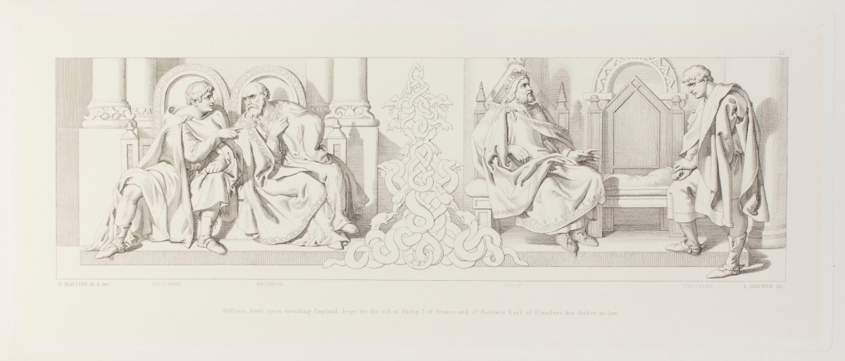 Daniel Maclise RA, William, bent upon invading England, begs for the aid of Philip I of France, and of Baldwin Earl of Flanders his father-in-law