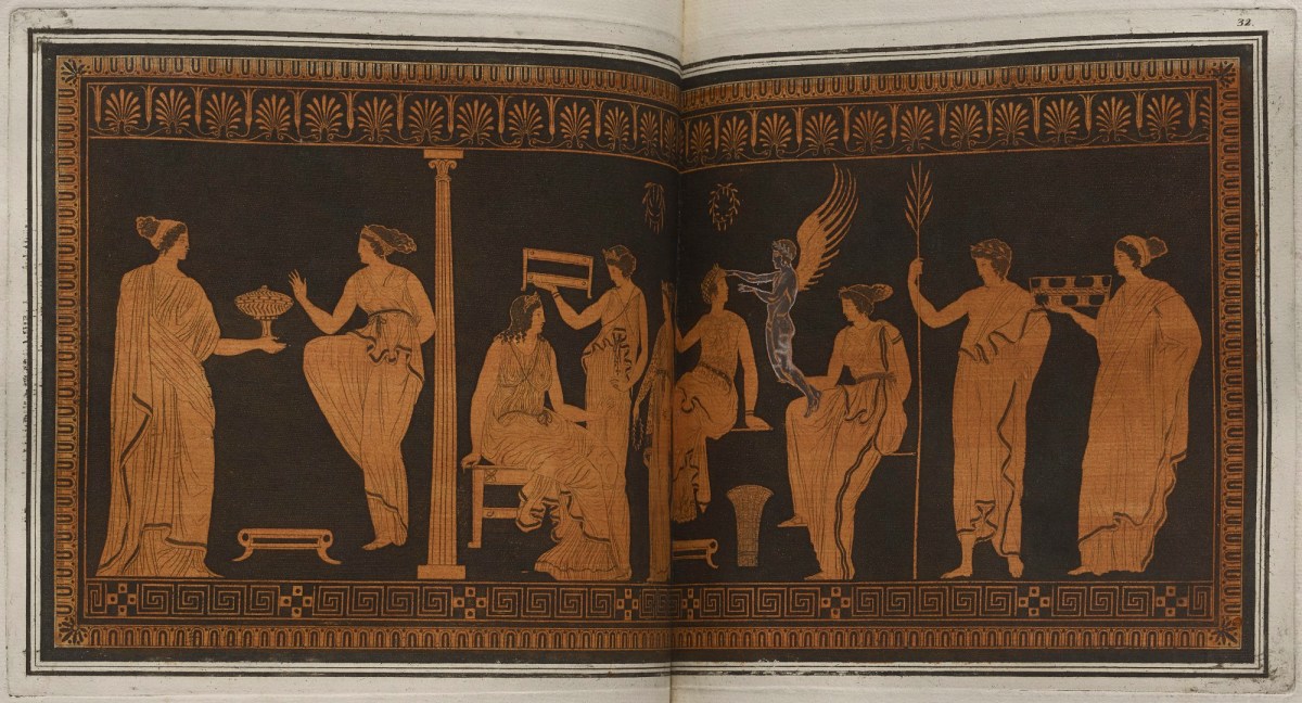 Sir William Hamilton, Colour plate of Apollo, Eros and the Muses at their toilet, from attic hydria
