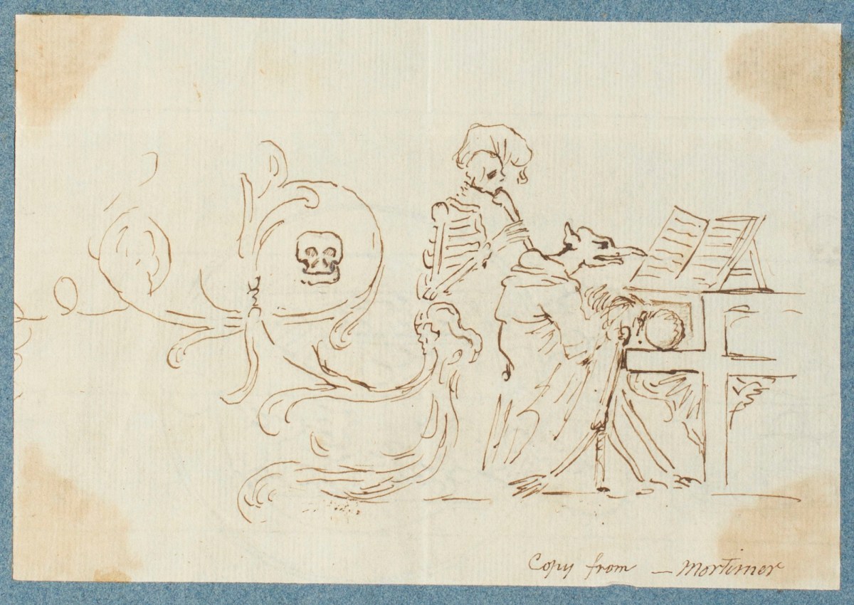 George Dance RA, Sketch of an imaginary creature and a skeleton playing musical instruments