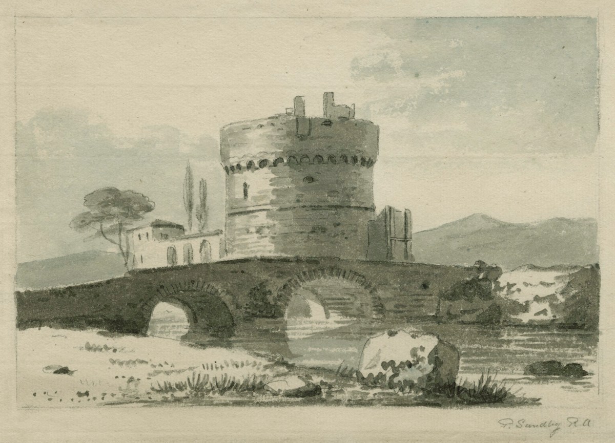 Paul Sandby RA, The Plautian family tomb in Rome, partially based on a print of the Ponte Lucano, Rome