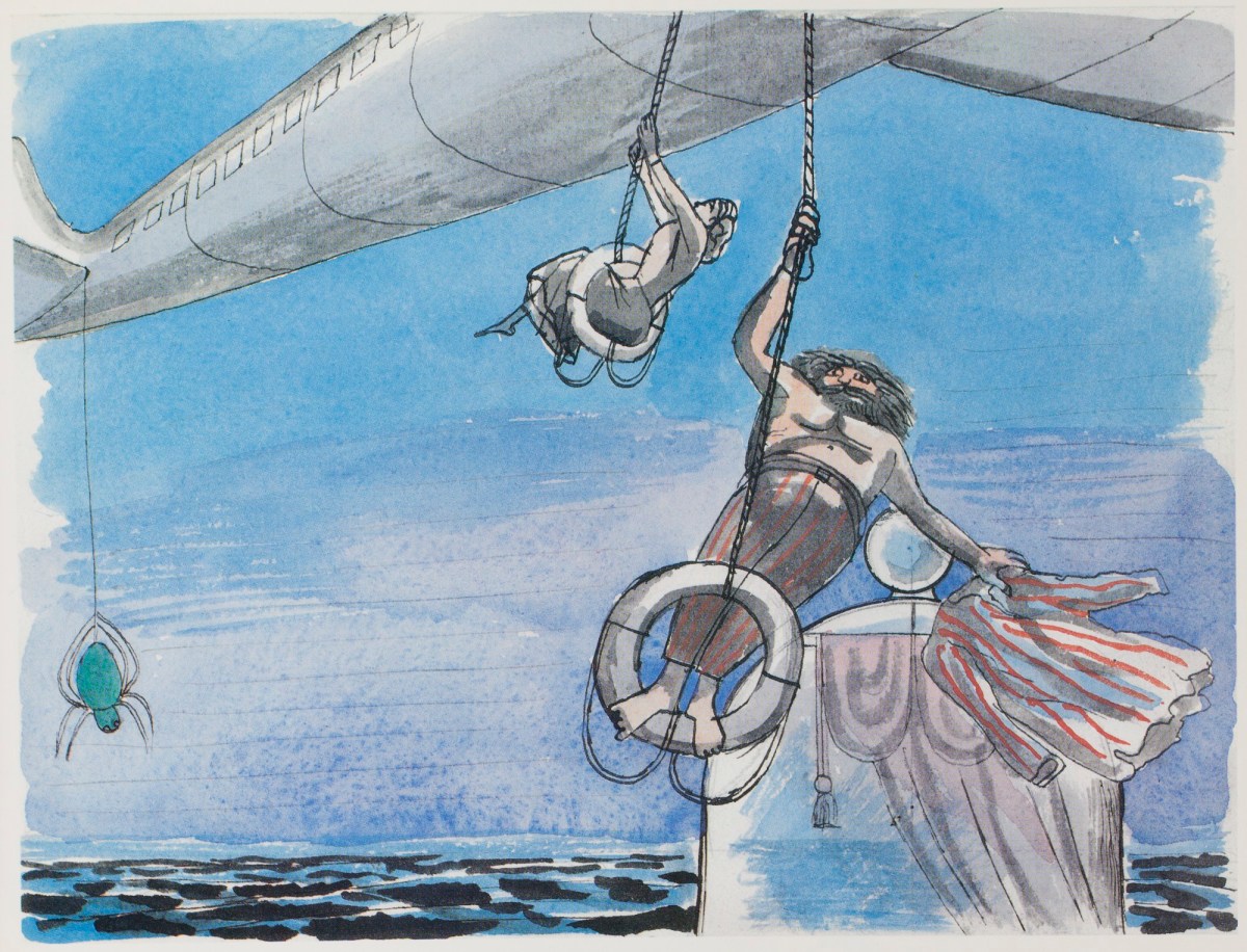 Edward Bawden RA, The Welsh Polypod lowers himself from an aeroplane, while Lady Filmy Fern and Mr Virgin Cork are lifted aboard