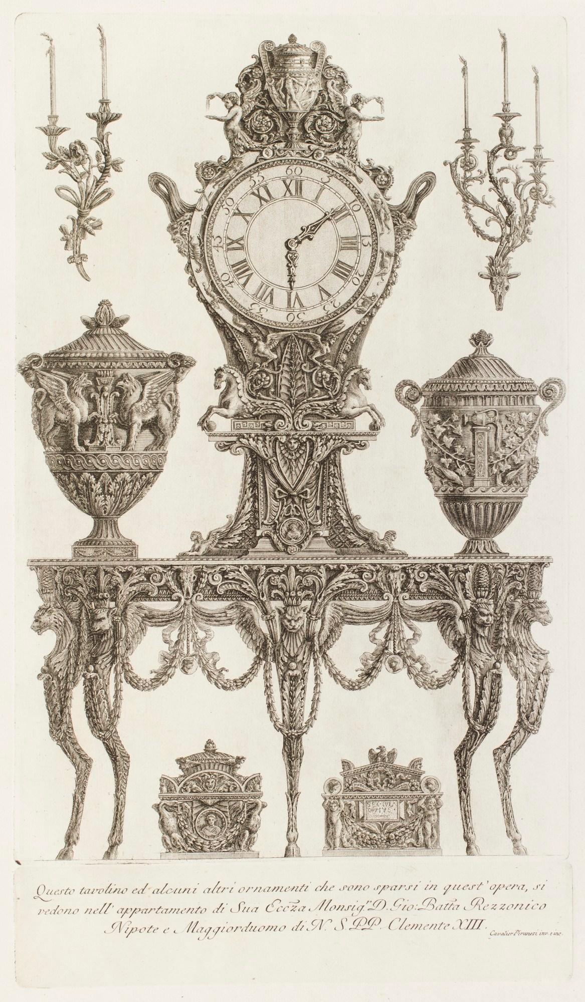 Giovanni Battista Piranesi, Designs for clock, mantlepiece, vases and candleholders