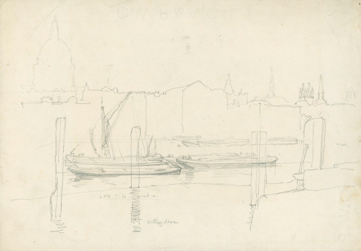 Sir George Clausen RA, View of boats on the River Thames near St. Paul's Cathedral