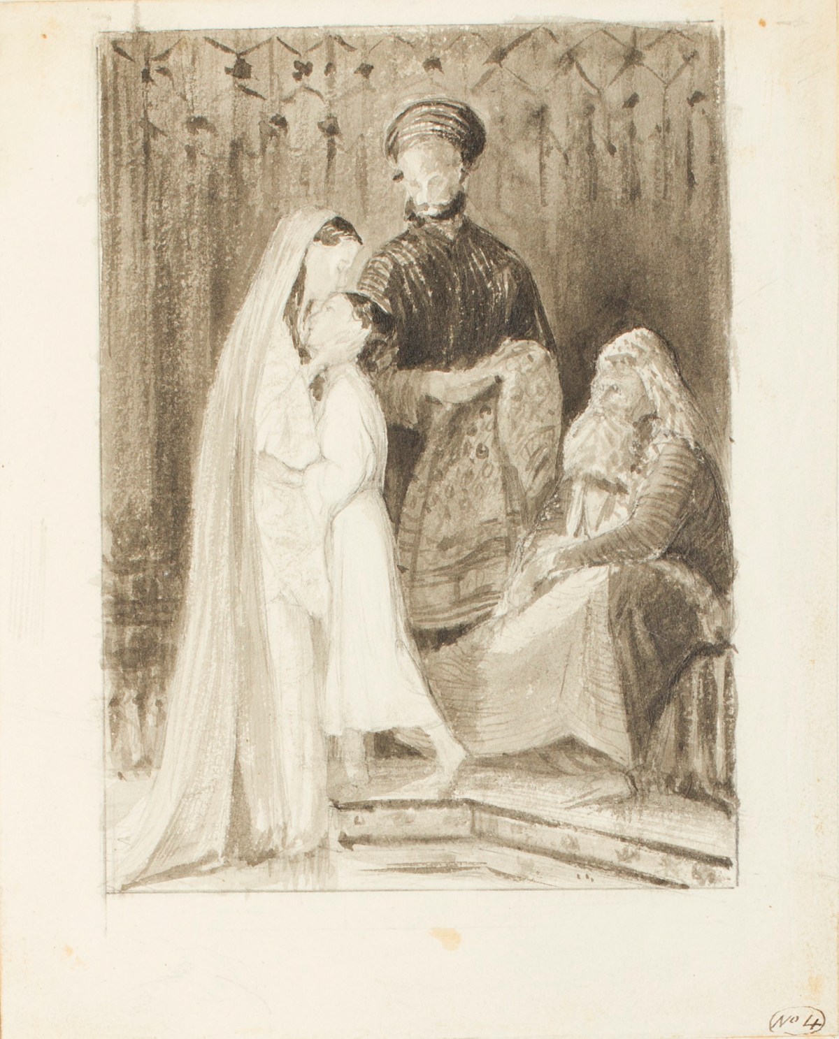 Henry Hugh Armstead RA, Study of four figures in an interior, for 'Samuel and his Mother'