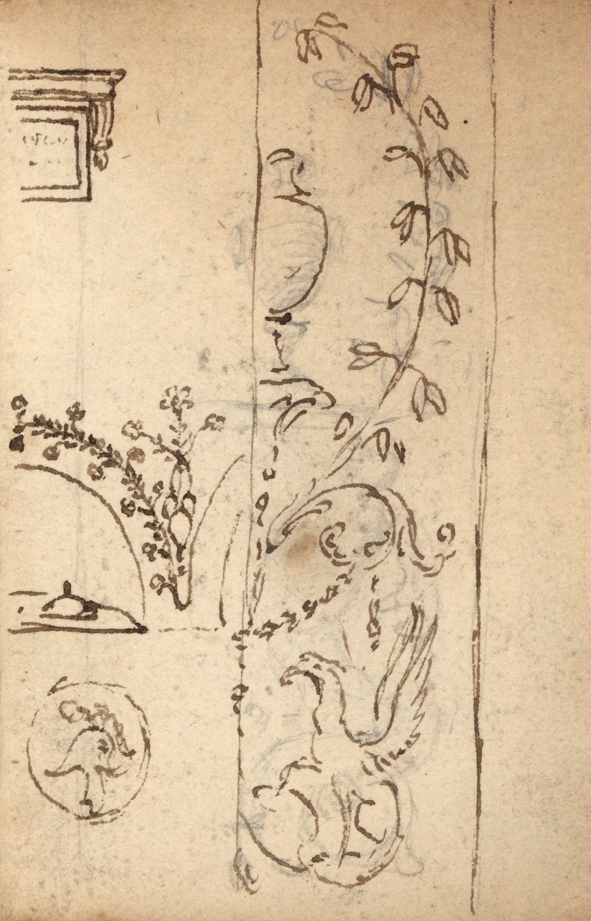 Benjamin West PRA, Leaf from a sketchbook with drawings of grotesque ornament