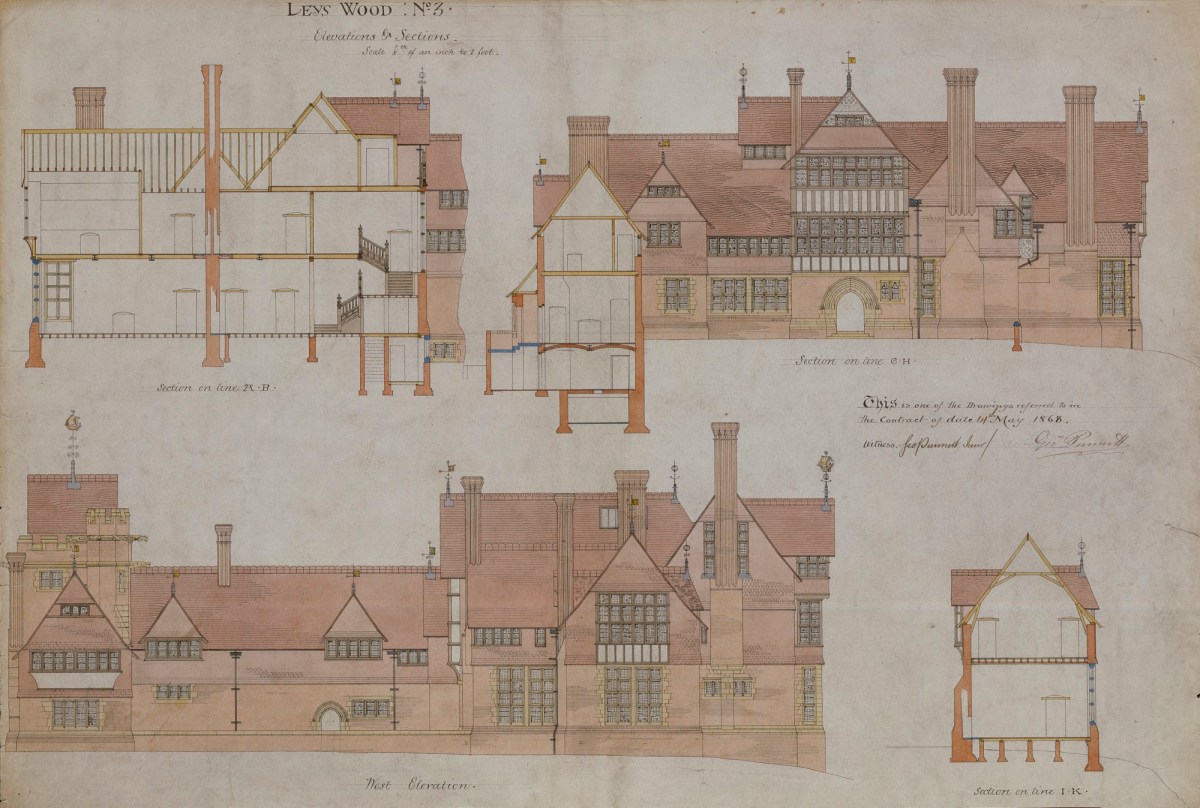 Richard Norman Shaw RA, Contract drawing for Leyswood, Groombridge, Sussex: No.3: west elevation, section on line A.B, section on line G.H. and section on I.K.