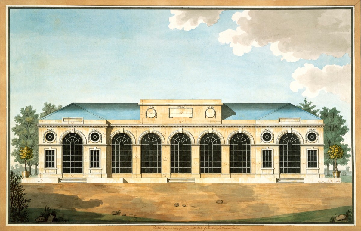 John Yenn RA, Design for greenhouse, Blenheim Palace, Oxfordshire: front elevation