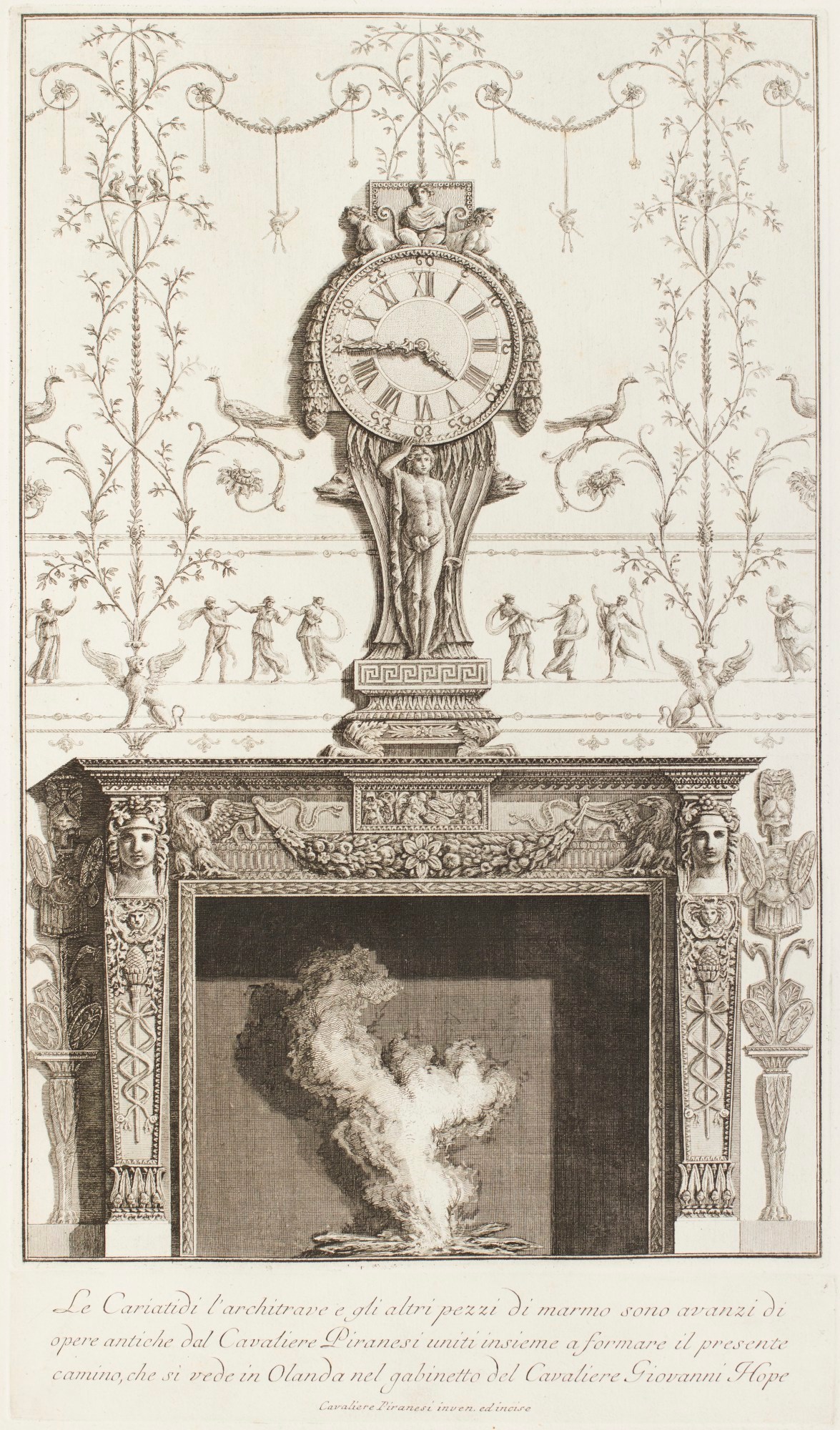 Giovanni Battista Piranesi, Design for a chimney piece featuring an ornate clock on the mantelpiece