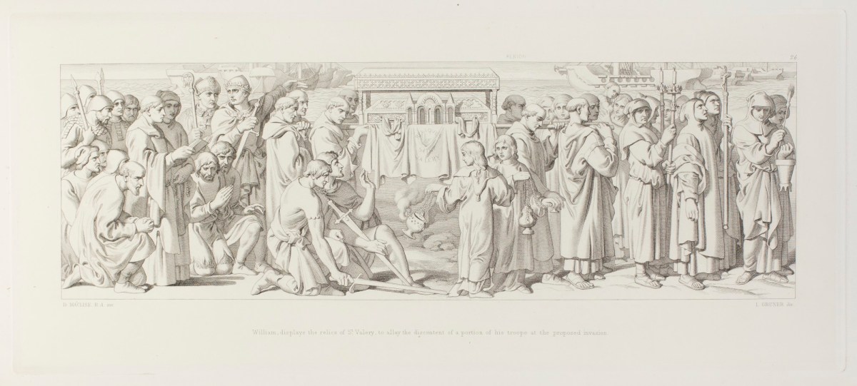 Daniel Maclise RA, William, displays the relics of St. Valery, to allay the discontent of a portion of his troops at the proposed invasion