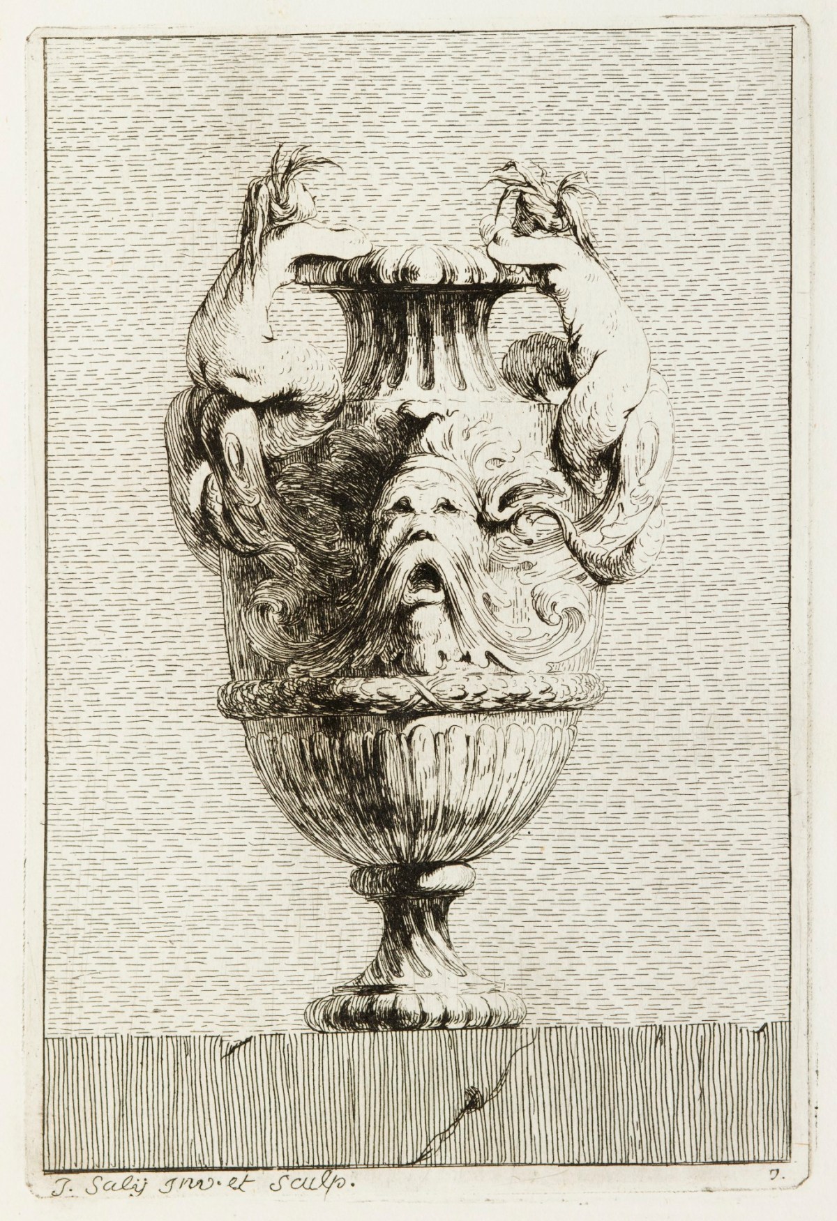 Jacques-François-Joseph Saly, Vase decorated with two tritonesses with their arms resting on the lip, and mask.