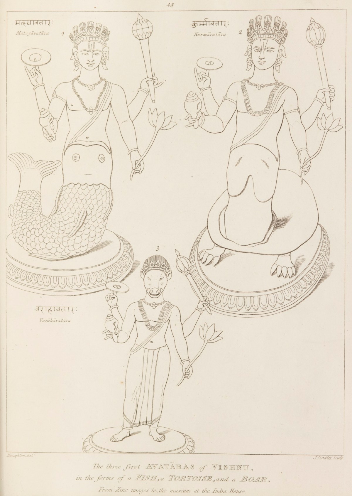 Matthew Haughton and Moses Haughton the younger, The first three avatars of Vishnu (Matsya, Kurma, and Varaha)
