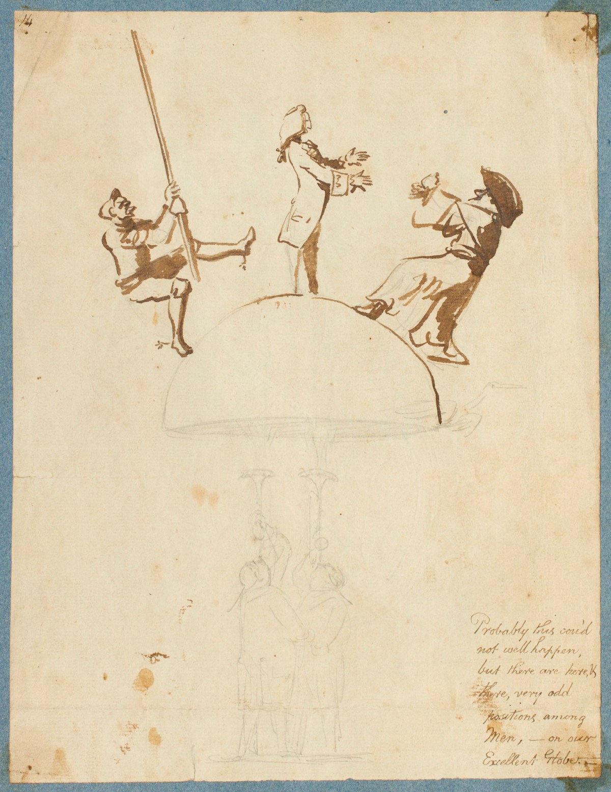 George Dance RA, Three men standing on a dome with two trumpeters beneath