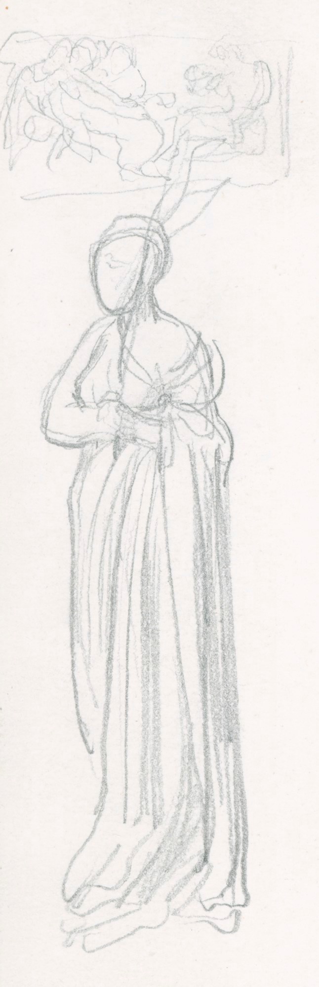 Sketch of a standing female figure holding a palm or laurel branch