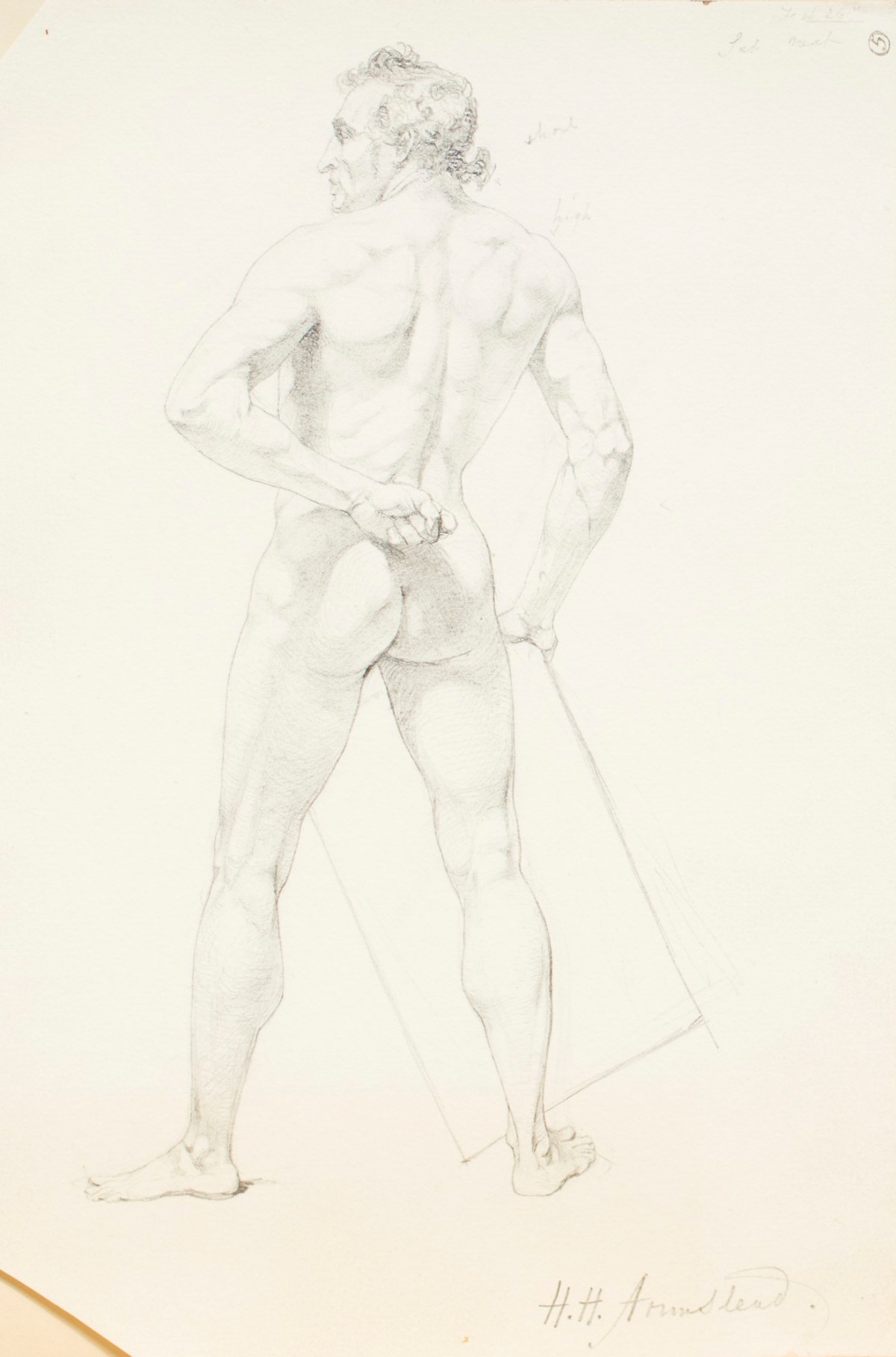 Henry Hugh Armstead RA, Nude study of a standing male figure, probably for the 'History of the Shirleys' reliefs