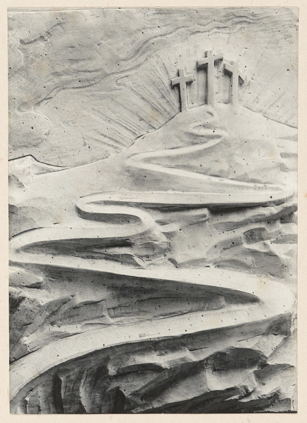 Unidentified photographer, Sketch model for a relief depicting a pathway to a hill with three crosses, presumably Golgotha.