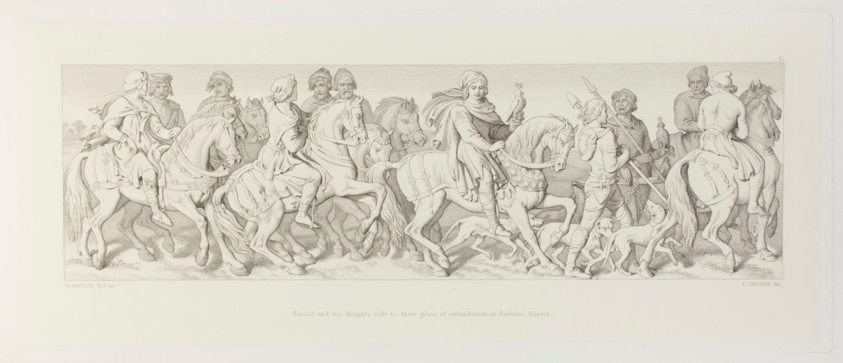 Daniel Maclise RA, Harold and his Knights riding to their place of embarkation, at Bosham, Sussex