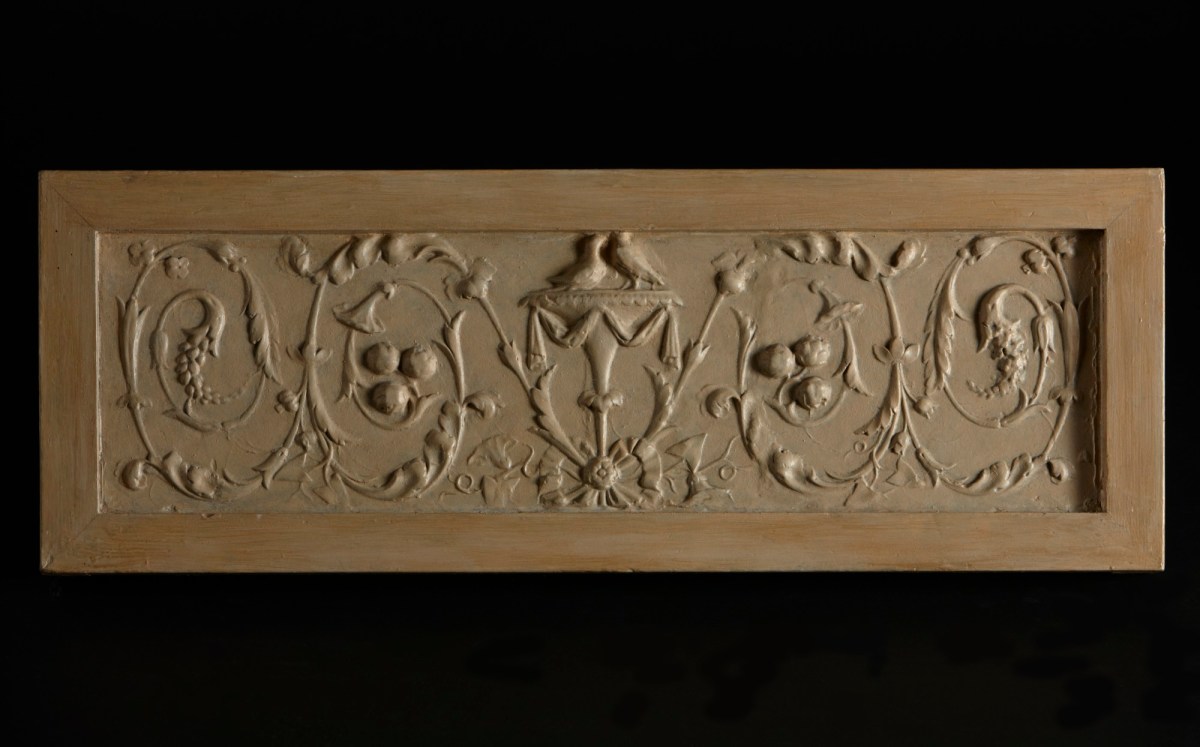 Unknown, Decorative relief: Two doves on urn with scrolling vines at either side