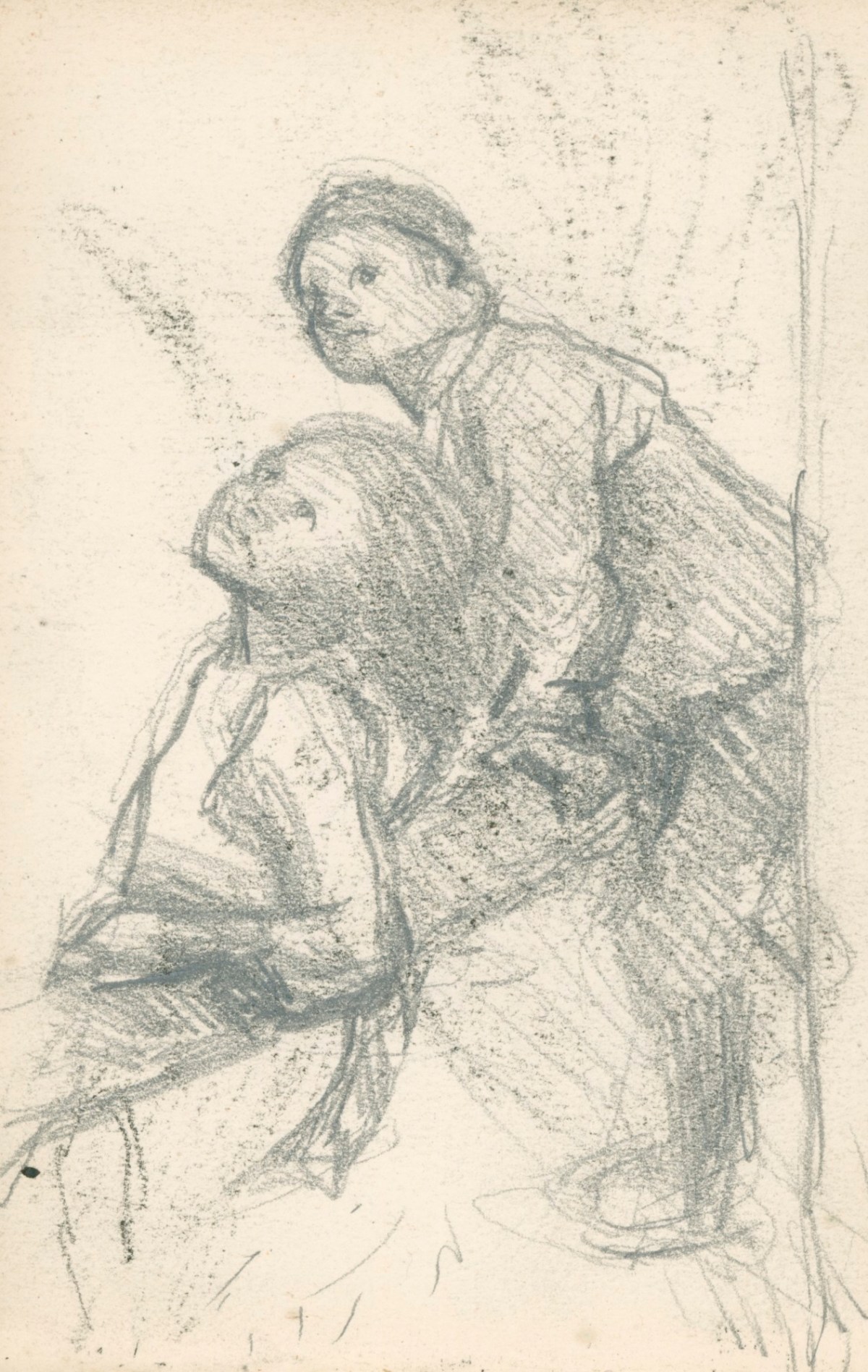 Sir George Clausen RA, Study of a girl and a boy leaning against a tree branch
