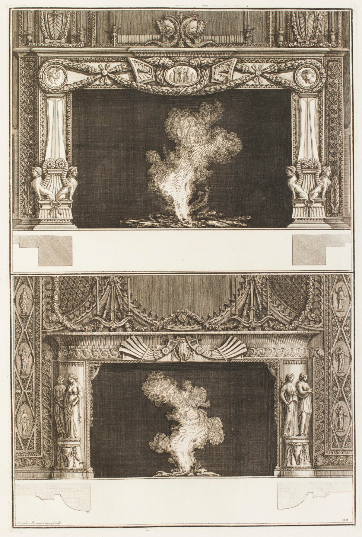 Giovanni Battista Piranesi, Designs for two chimneypieces: top with medal motifs; the bottom with classical figures on each jamb