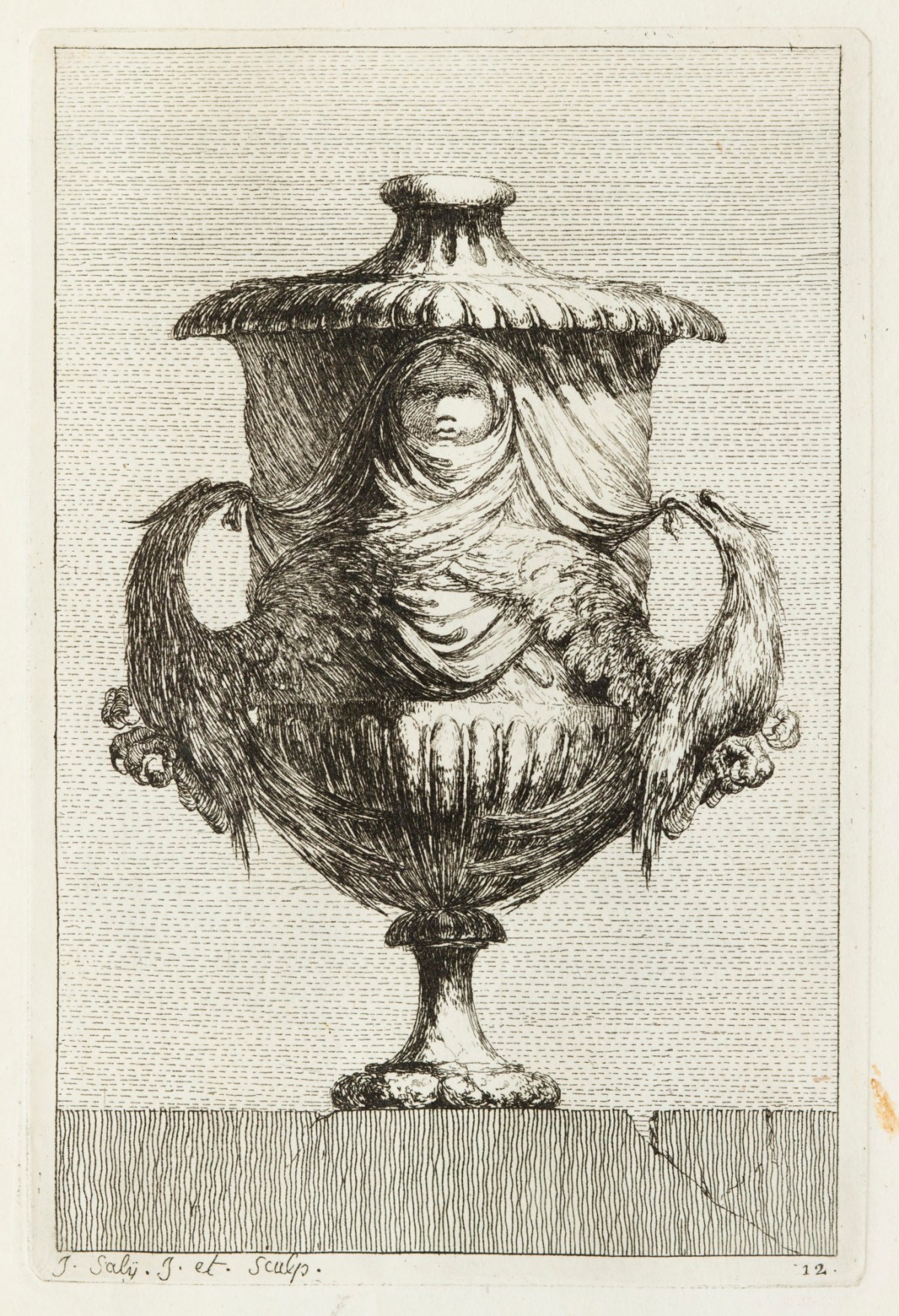 Jacques-François-Joseph Saly, Vase with two eagles forming the handles, and decorated with a female mask on the body.
