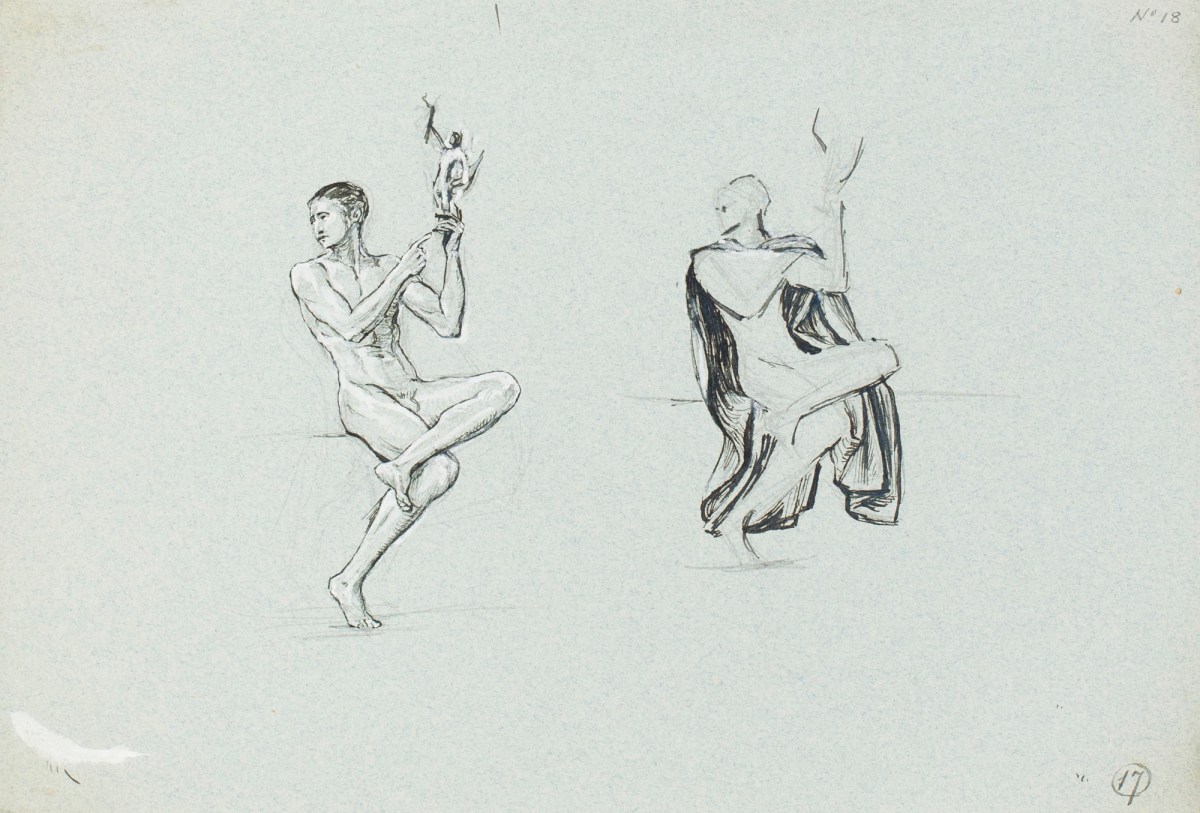 Henry Hugh Armstead RA, Two drawings of a seated male figure for a "Coinage competition"