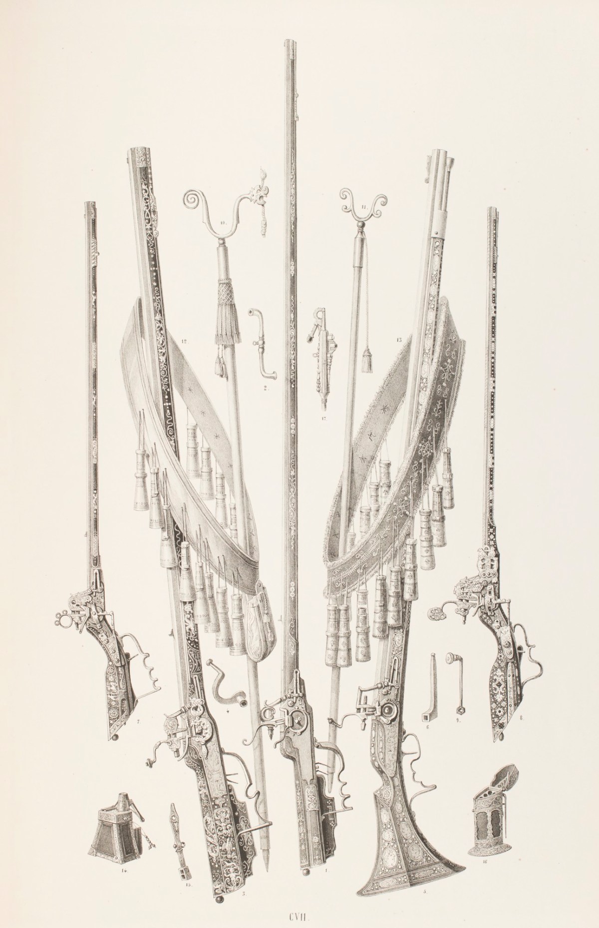 Alois Gustav Rockstuhl, 17th-century German muskets, powder horns and cartridge bandoliers
