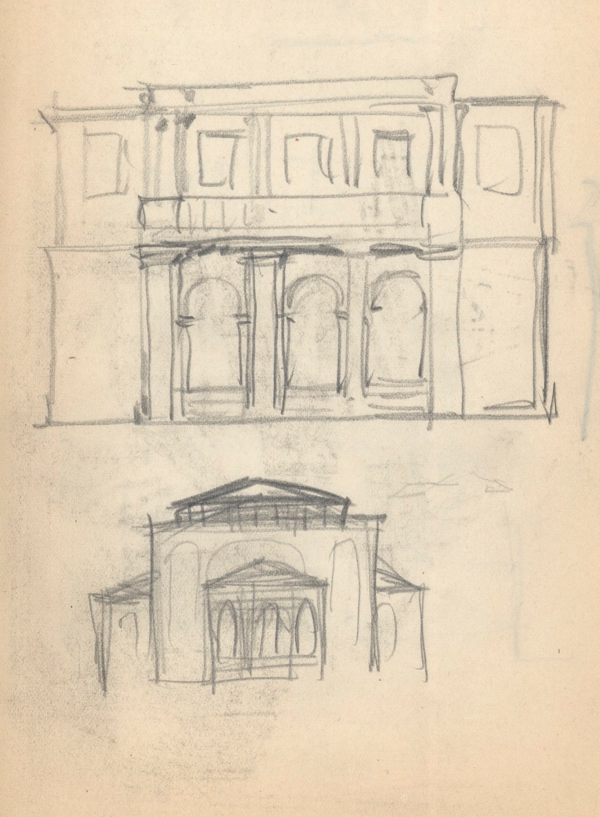 Sir Frank Brangwyn RA, Leaf from a sketchbook with early drawings for the Kyoraku Art Museum, Tokyo