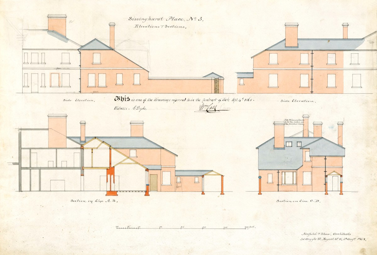 Richard Norman Shaw RA, Contract drawing for addition of offices (kitchen and servants' quarters), Sissinghurst Place, Sissinghurst, Kent: two side elevations and two sections