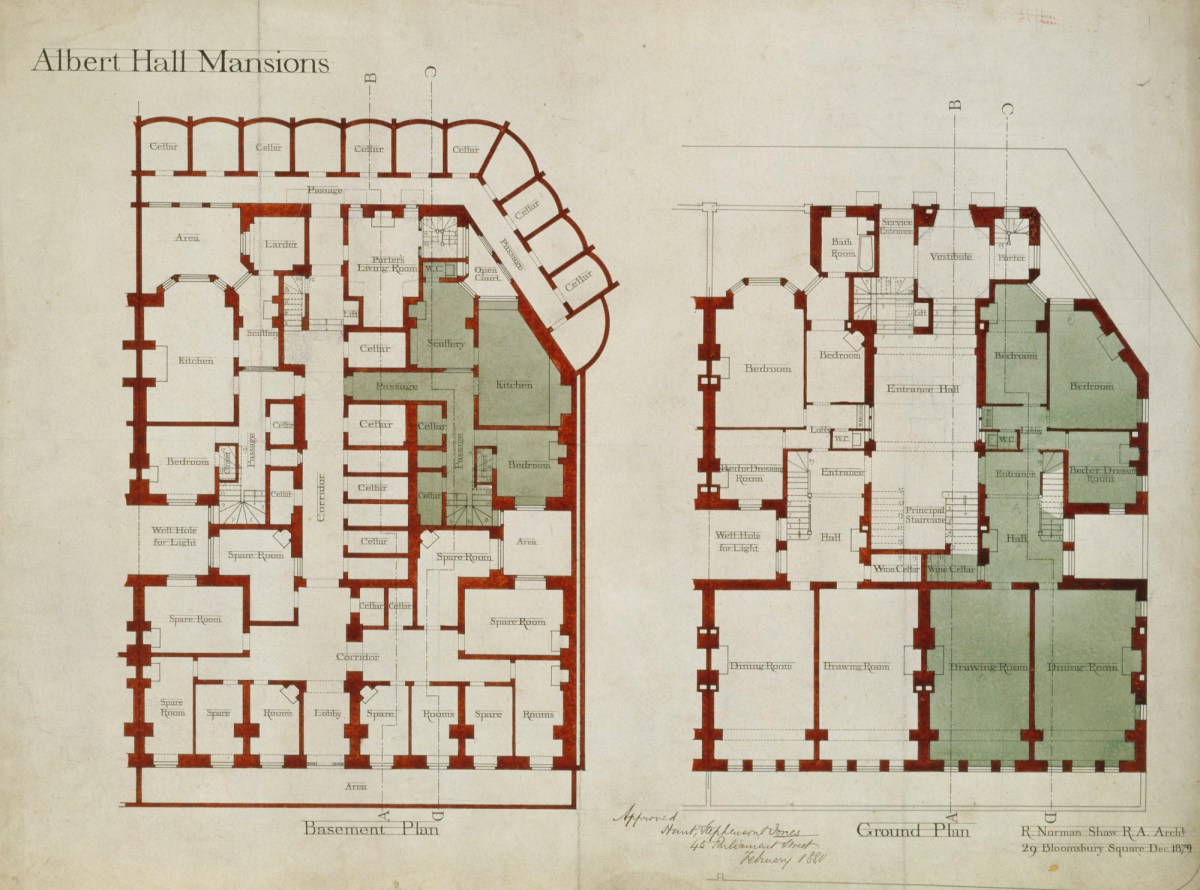 Richard Norman Shaw RA, Design for Albert Hall Mansions, Kensington Gore, London SW7: Front Block: plan of basement and ground floor of western portion