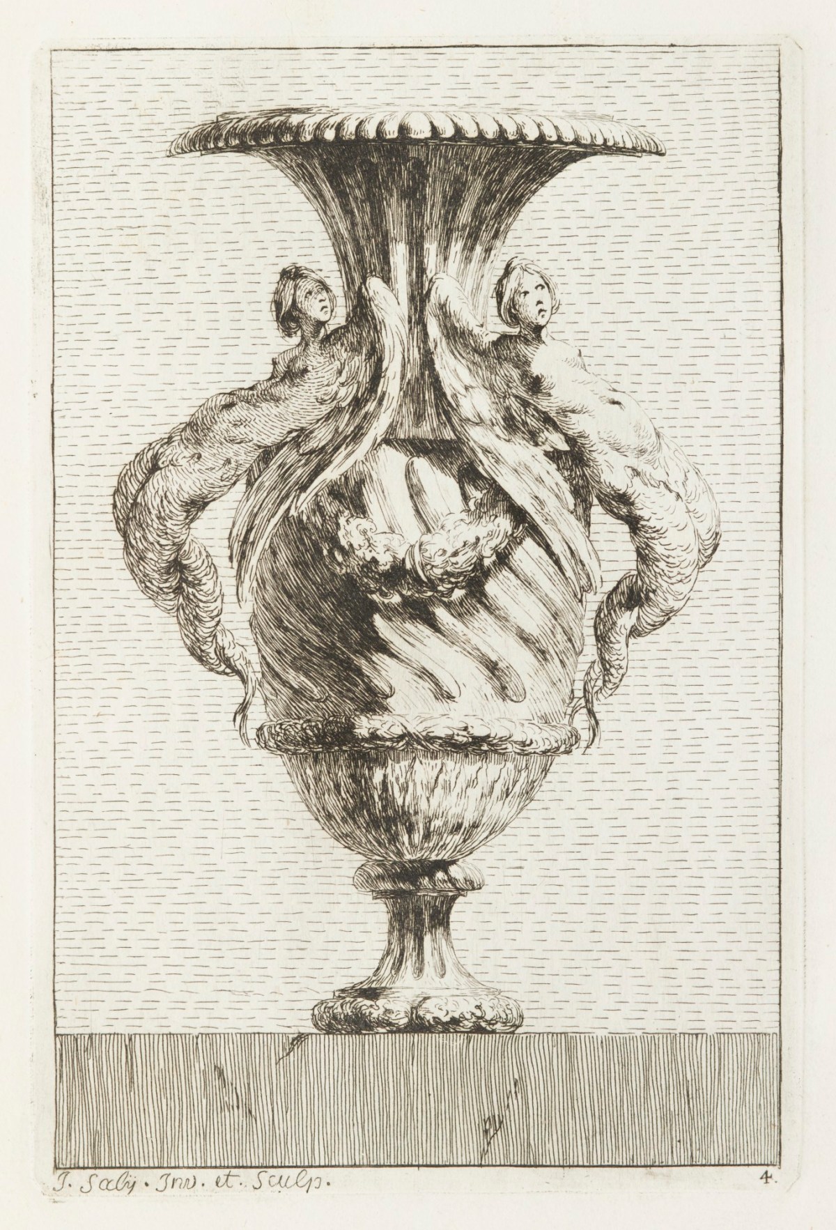 Jacques-François-Joseph Saly, Vase with winged mermaid figures as handles.