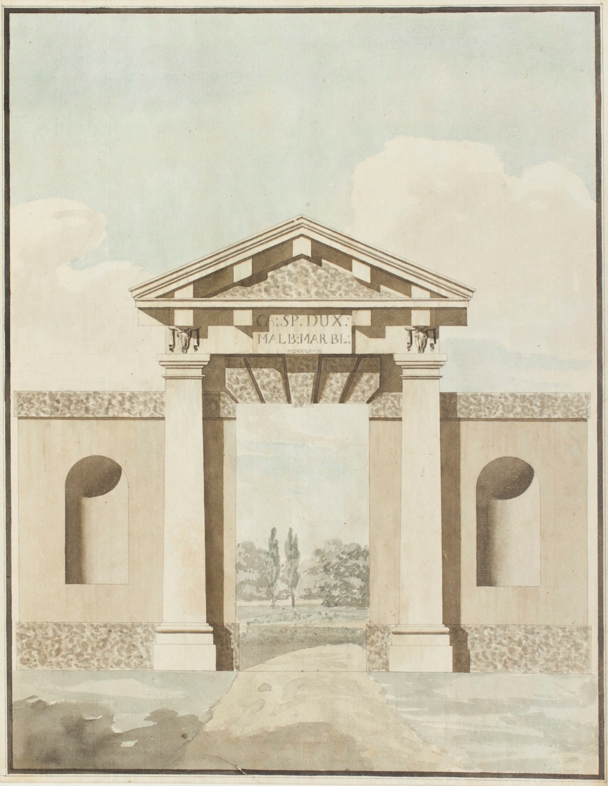 John Yenn RA, Alternative design for a Doric gateway, Blenheim Palace, Oxfordshire: elevation in landscape