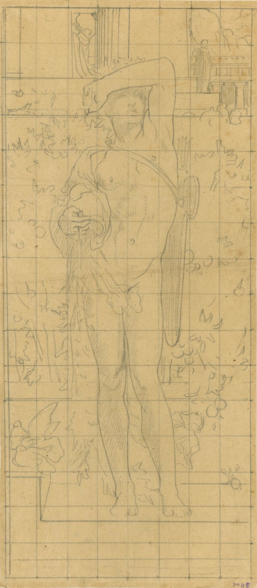 Lord Leighton PRA, Squared up tracing for a composition with a nude male figure