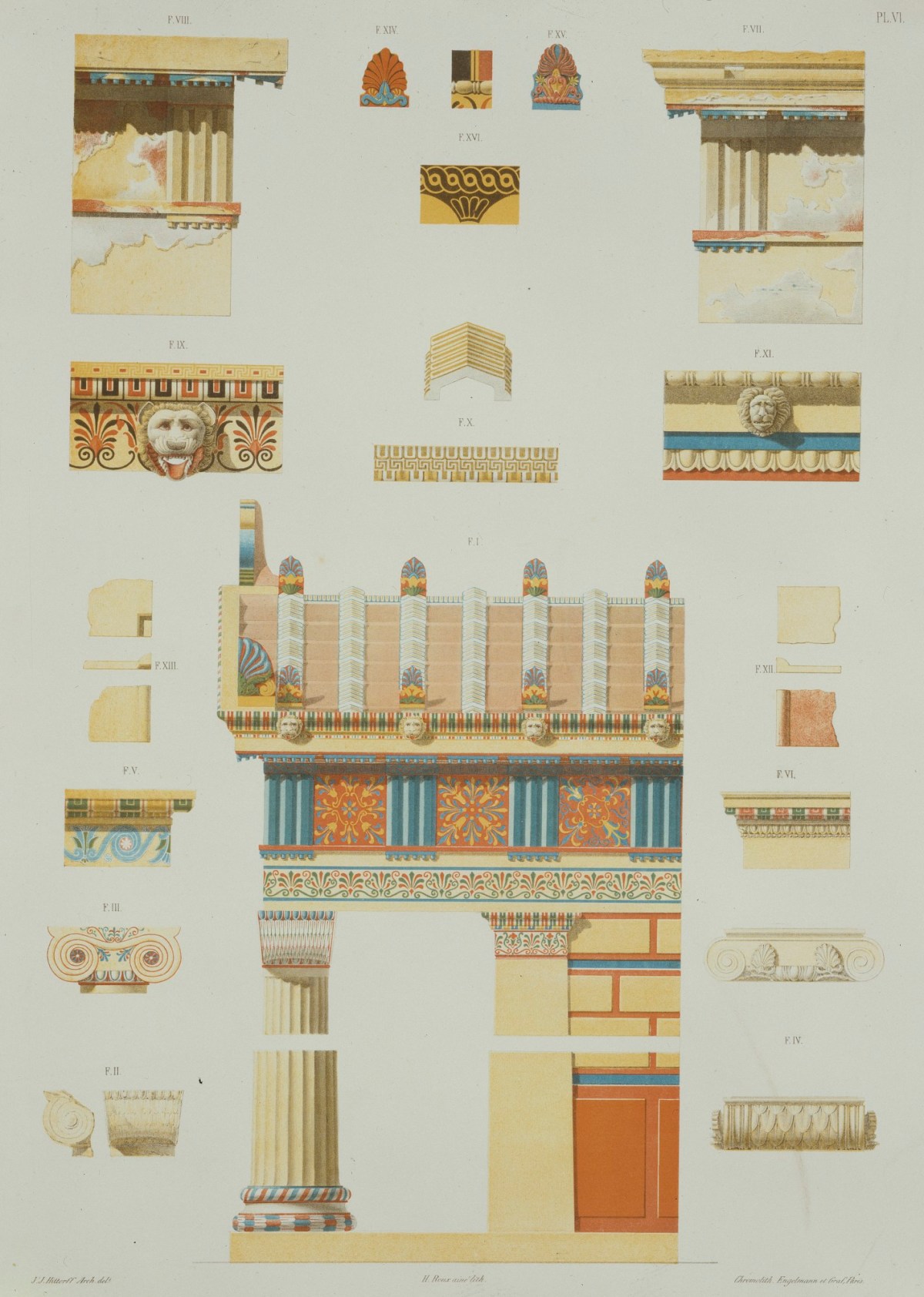 Jakob Ignaz Hittorff, 'Élévation laterale partielle du temple d'Empédocle, et fragments d'architecture coloriée ...'