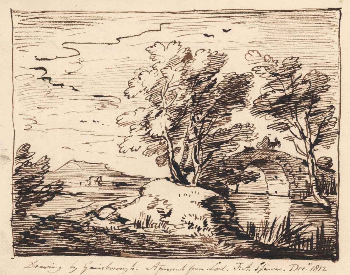 Unidentified artist and Thomas Gainsborough RA, Landscape with a bridge