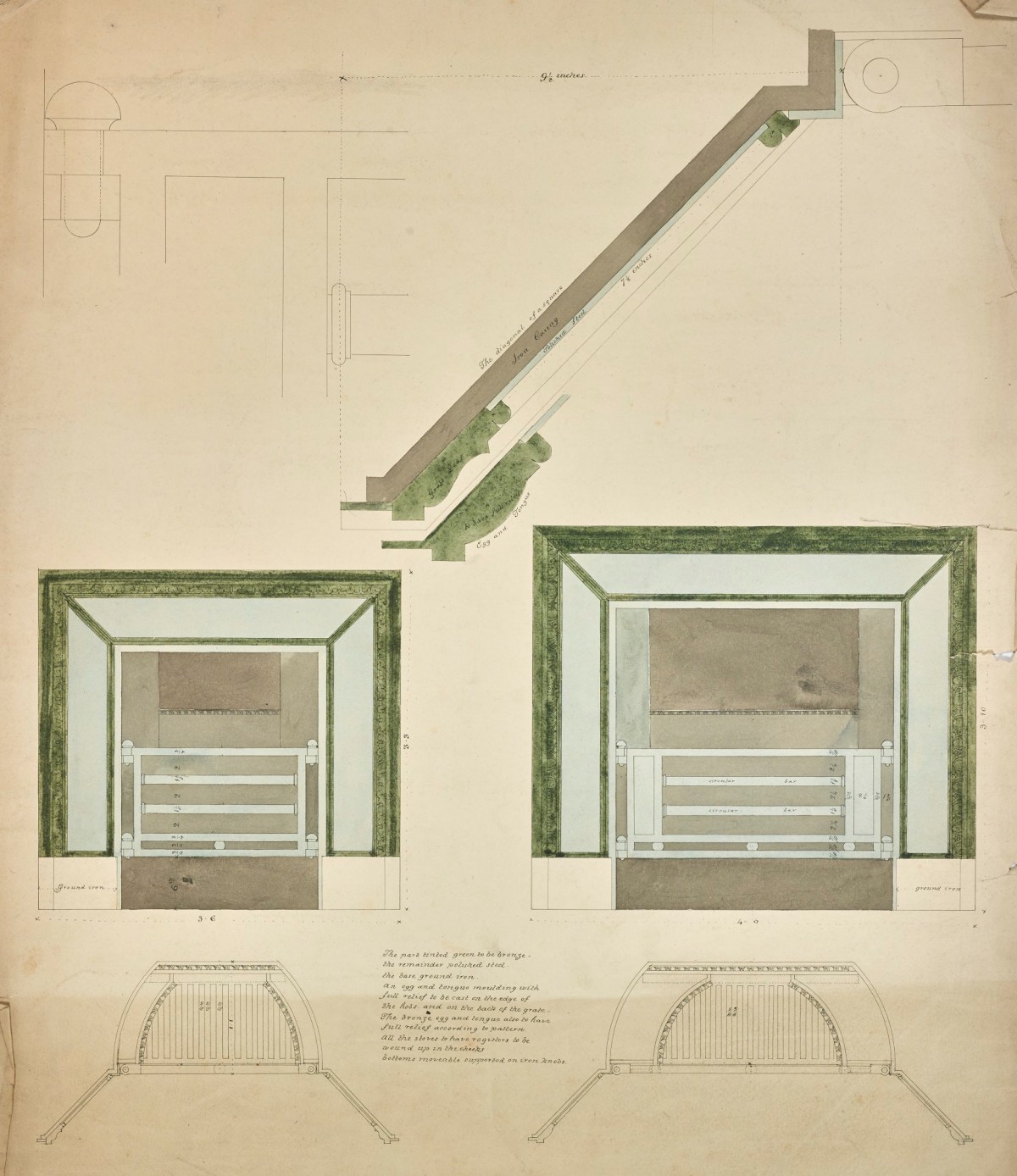Samuel Ware, Designs for two bronze and steel fireplaces for Burlington House, Piccadilly, Westminster, London: plans, elevations and part-sections