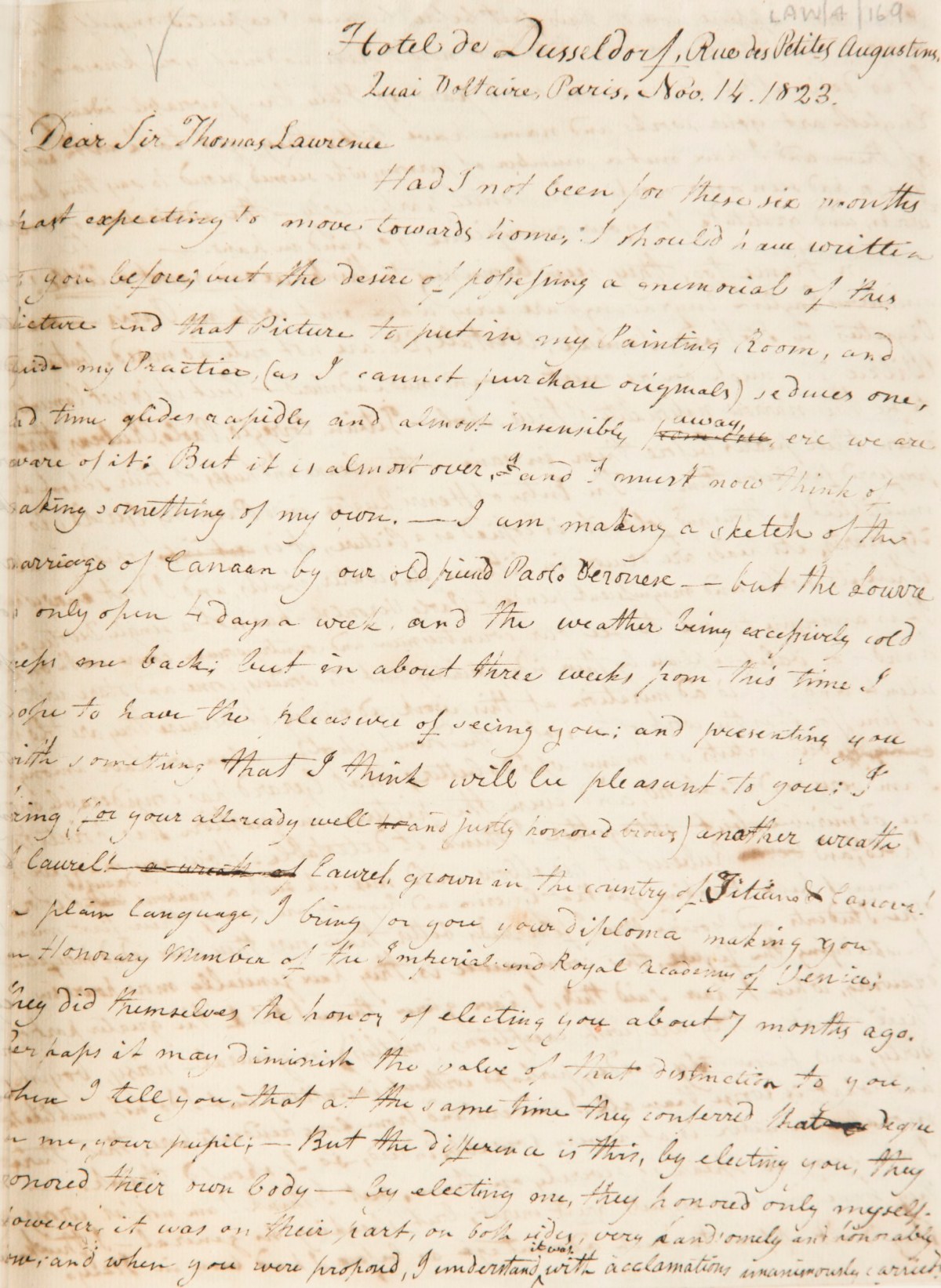 , William Etty, Hotel de Dusseldorf, Rue des Petits Augustines, Quai Voltaire, Paris, to Sir Thomas Lawrence