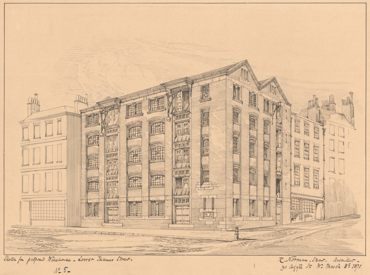 Richard Norman Shaw RA, Design for a warehouse, Lower Thames Street, London EC3: perspective sketch