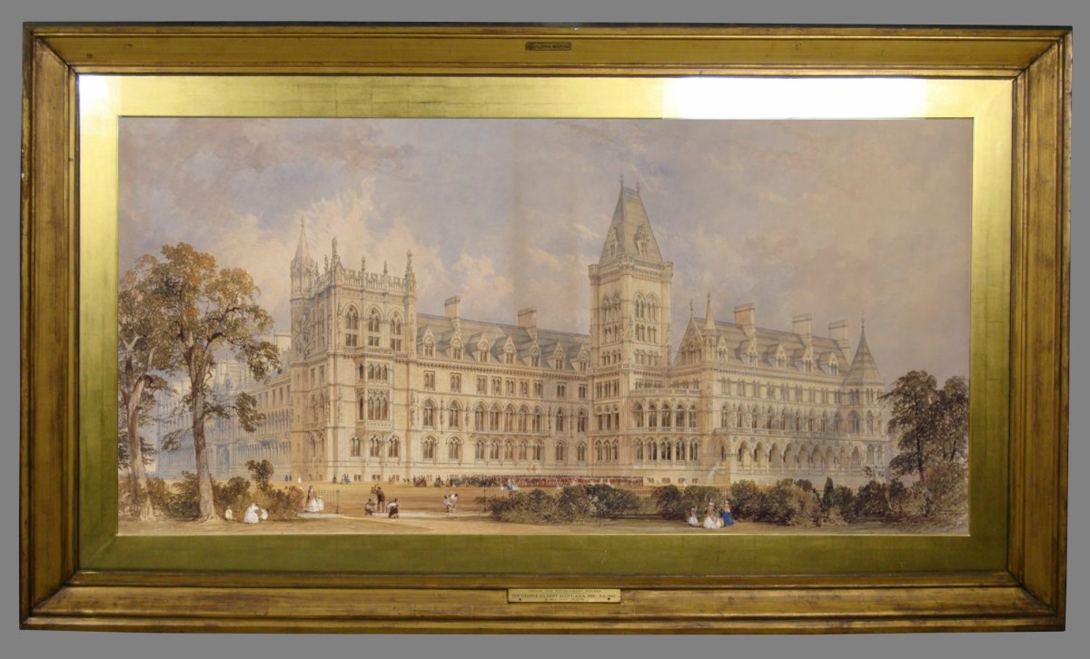 Unknown, Frame for Sir George Gilbert Scott RA 'Design for government offices, Whitehall, Westminster, London: persepective of gothic scheme, view of Foreign and India Offices from St James's Park'