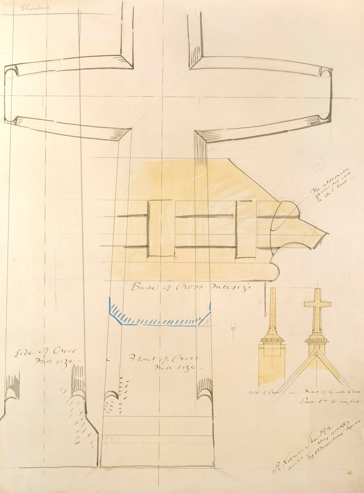 Richard Norman Shaw RA, Design for restoration of St Margaret's Church, Chipstead, Surrey: details of cross on West gable