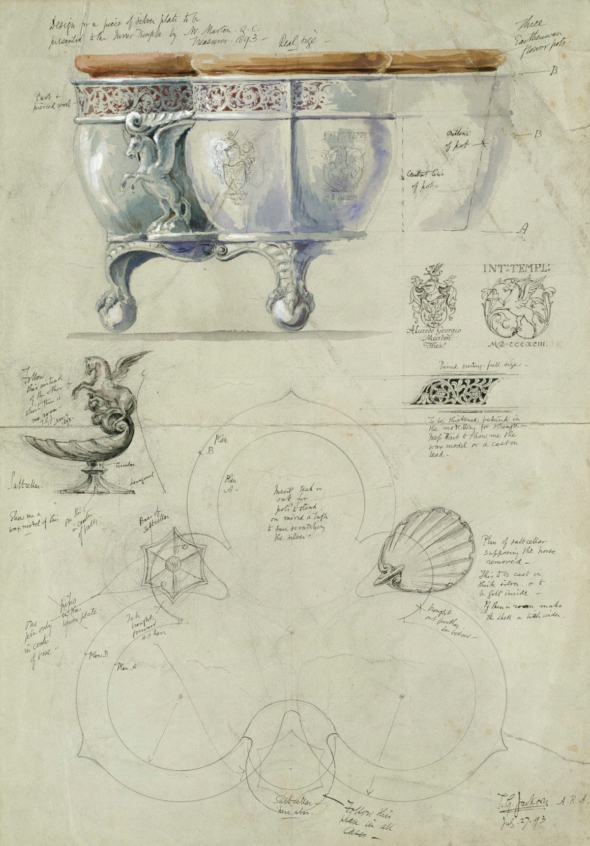 Sir T.G. Jackson Bt. RA, Design for a piece of silver plate to be presented to the Inner Temple: full-size plan, elevation and details