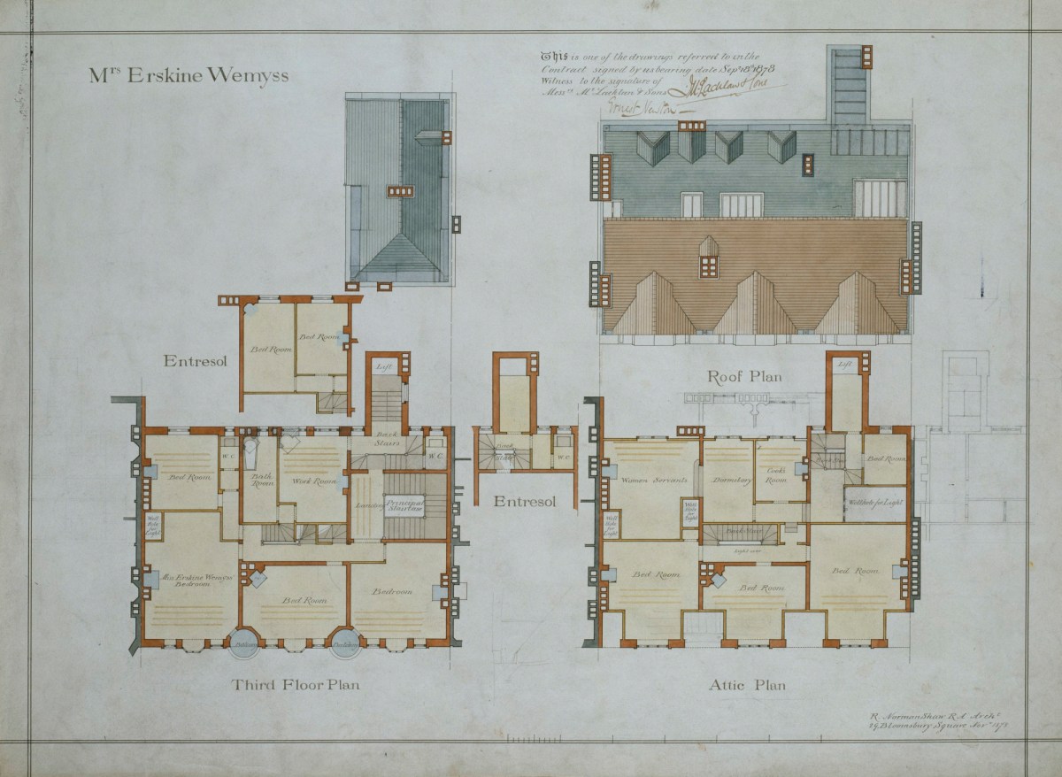 Richard Norman Shaw RA, Design for Clock House, No.8 Chelsea Embankment, London SW3: contract drawing of entresol, third floor, attic and roof plans