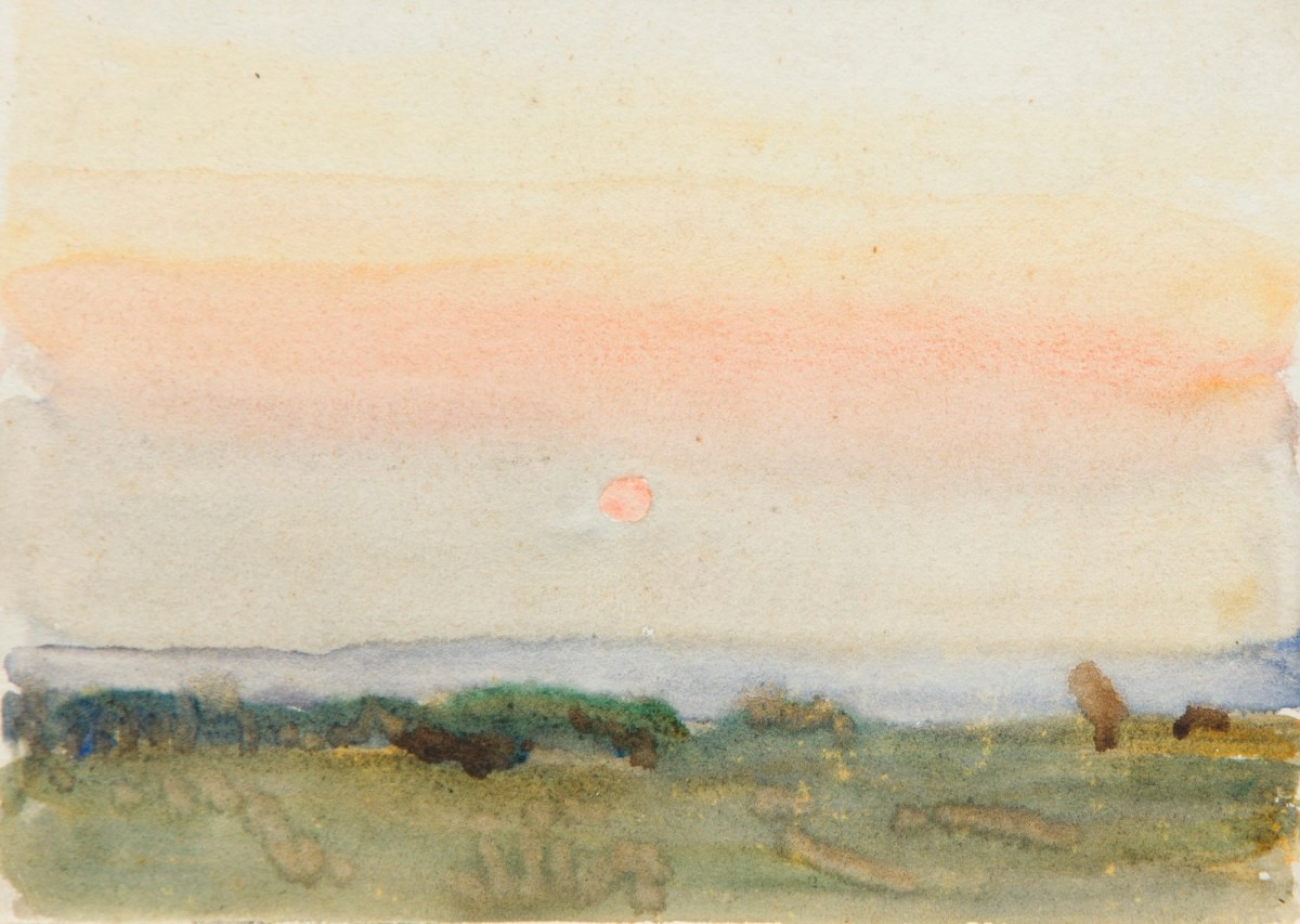 Sir George Clausen RA, Landscape with sunset/sunrise