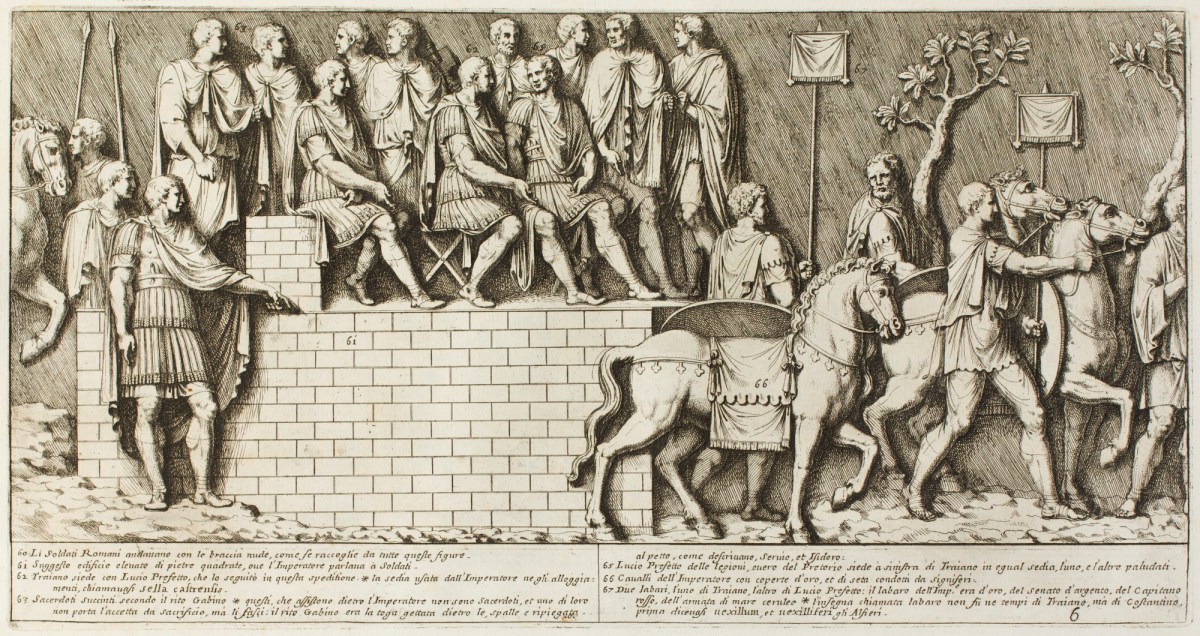 Pietro Santi Bartoli, Plate 6: Emperor Trajan sitting on a camp stool discussing with Lucio Prefetto