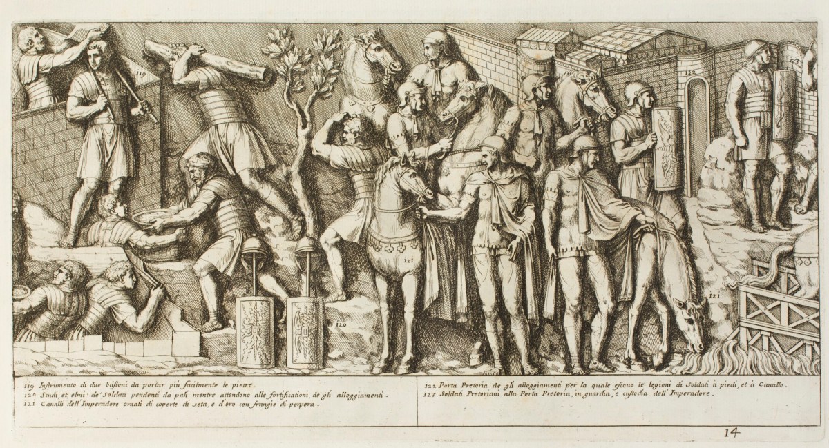 Plate 14: Roman soldiers building fortifications, soldiers holding the ...