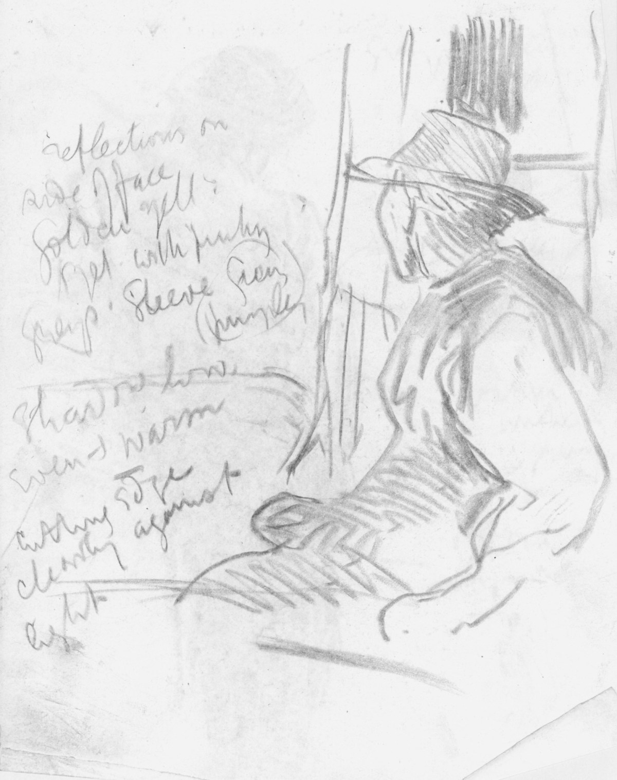 Sir George Clausen RA, Sketch of a seated man in a hat for 'Interior of an Old Barn'