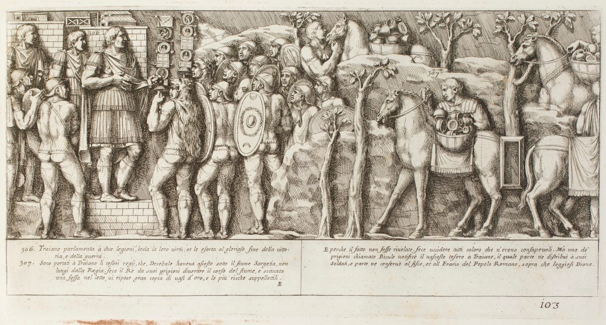 Pietro Santi Bartoli, Plate 103: Emperor Trajan standing addressing two Roman legions while some soldiers carry Decebalus'treasures