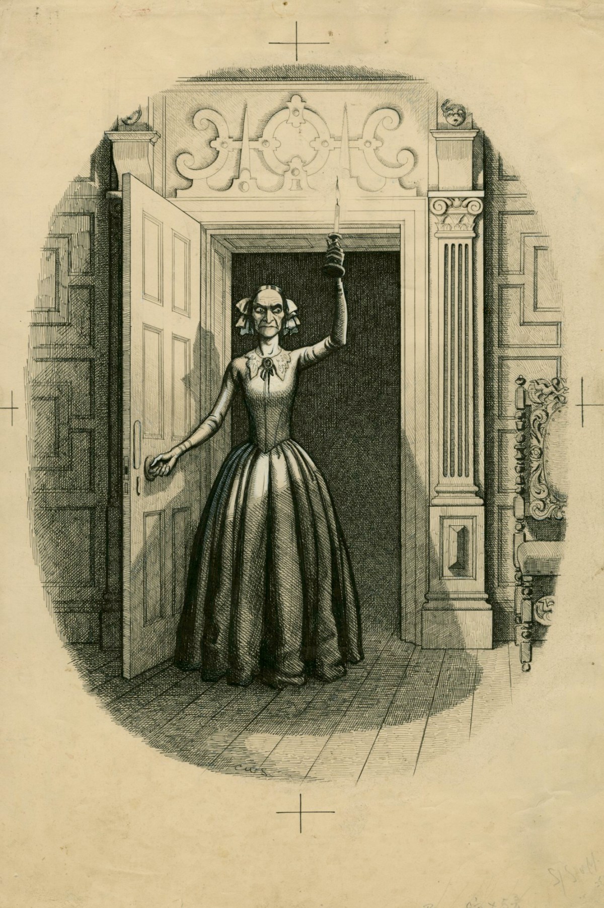 Charles W. Stewart, 'She stood scowling into the room with a searching and pallid scrutiny', illustration for chapter 18 of Uncle Silas