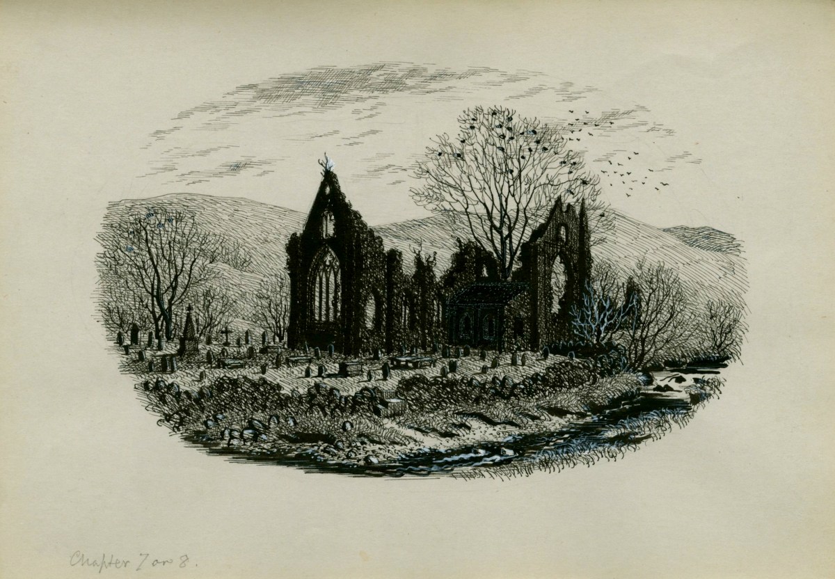 Charles W. Stewart, 'Looking with the absorbed gaze of an artist on the ruin', illustration for Chapter 7 or 8 of Uncle Silas